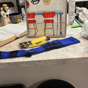 Pair of Navy Compression Socks. Size L. Two pairs, blue, and yellow.